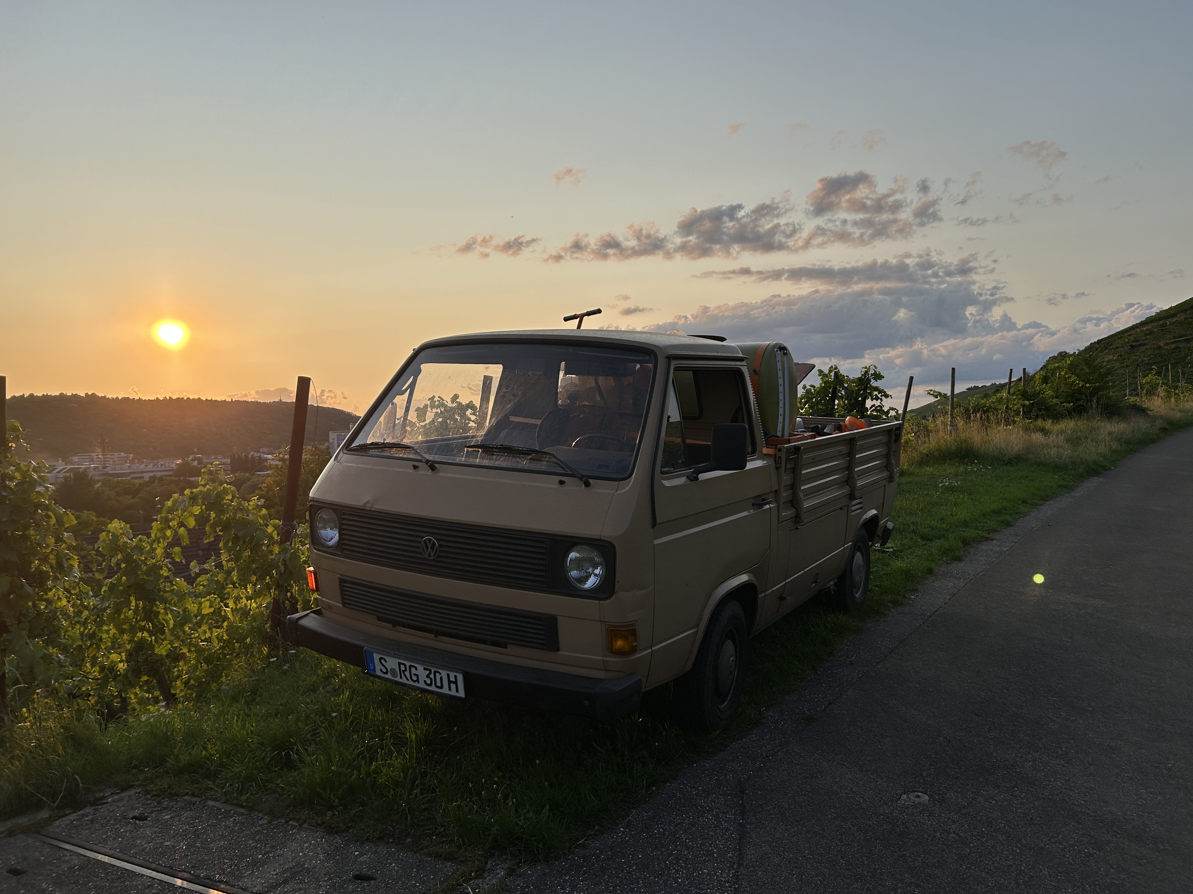 VW Bus im Weinberg bei Sonnenuntergang